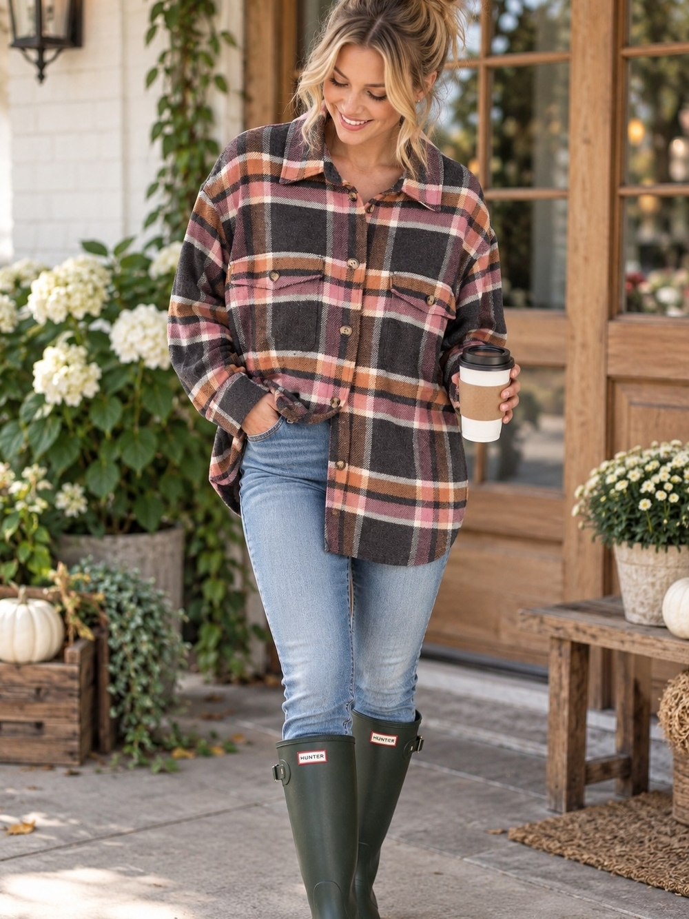 Plaid Button-Front Shacket in Charcoal, Pink & Tan